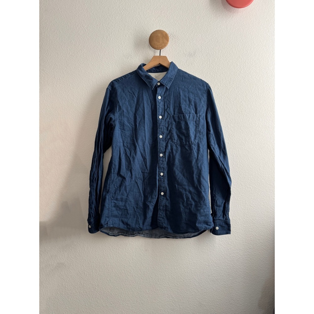 Muji Mens Indigo Blue Cotton Flannel Button Down Shirt Size Large